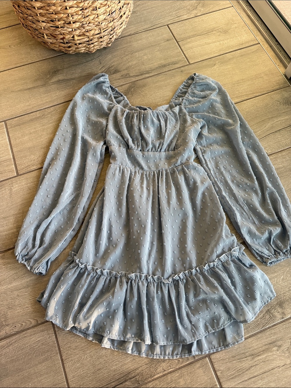 Altar'd State Dusty Blue Swiss Dot Puff Sleeve Mini Dress